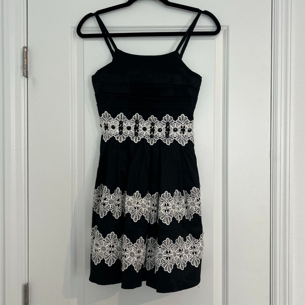 POINT ZERO Black Crepe Lace Rhinestone A Line Midi Cocktail Dress Ruffles Cute S